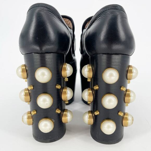 Gucci Black Vegas Horsebit Pearl Studded Platform Loafer Block Heel Pump EU 36.5 - Picture 10 of 13